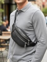 Men's Genuine Leather Fanny Pack - Large Capacity, Black - Image 2