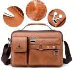 Men's Brown Faux Leather Messenger Bag with Multiple - Image 7