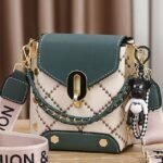 Women's Trendy Plaid Mini Shoulder Bag with Bear Charm,