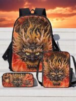 Men's 3-Piece Dragon Backpack Set with Flame Print -