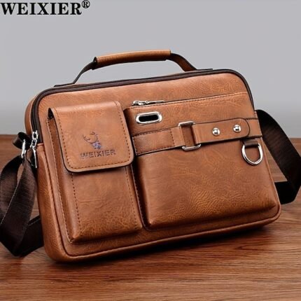Men's Brown Faux Leather Messenger Bag with Multiple