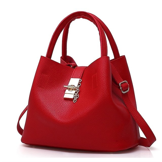 maylde1675240605618 Women's Red Faux Leather Handbag with Gold Lock and Chain - Image 1