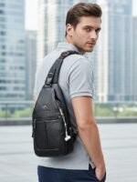 Men's Faux Leather Sling Chest Bag with USB Charging Port, - Image 4