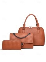 Women's 3-Piece Brown Woven Faux Leather Handbag Set – - Image 12