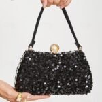 Women's Black Sequin Evening Clutch with Pearl Accent –