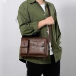 Men's Brown Faux Leather Messenger Bag with Multiple - Image 11