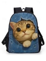 Cute cat print backpack for kids and teens - Denim style, Double